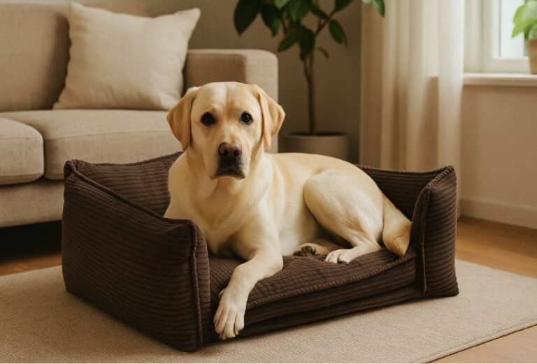 Canapé pour chien Pluto de Bobochic avec labrador dans salon cosy