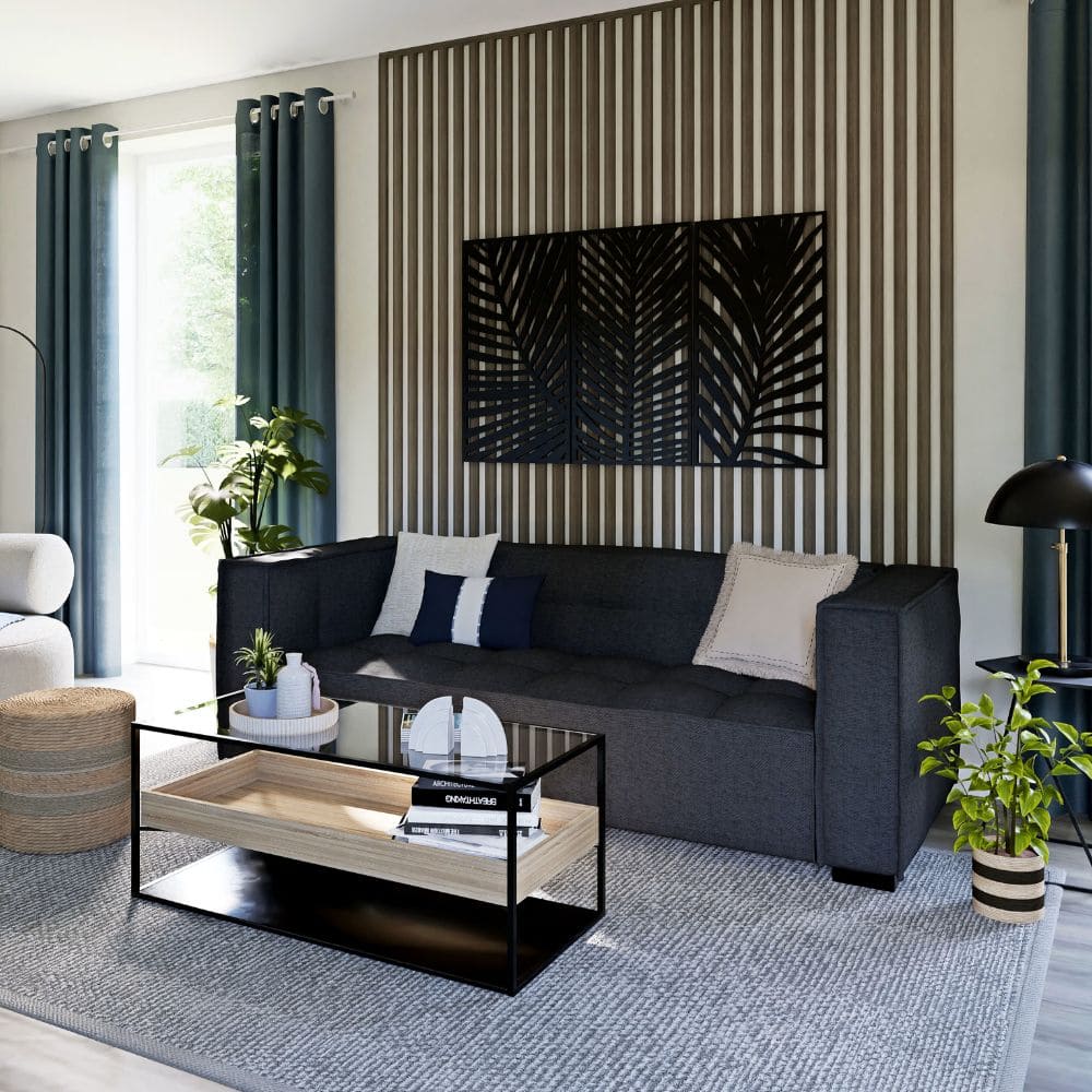 canape-tary-maison-du-monde-touslescanapes (9) Canapé Tary Maison du Monde en tissu gris dans un beau salon moderne