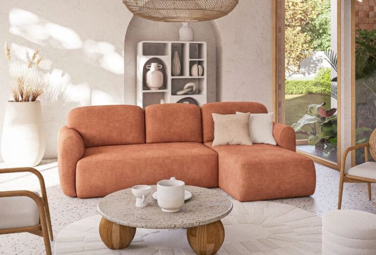 Canapé Bump Maison du Monde d'angle en couleur orange dans salon cosy - Touslescanapes