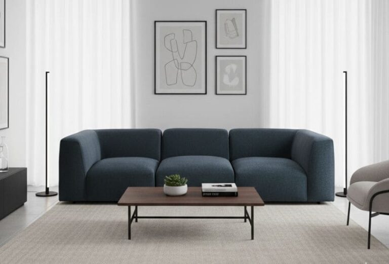 Canapé Buddy Maison du Monde 3 places bleu dans grand salon moderne
