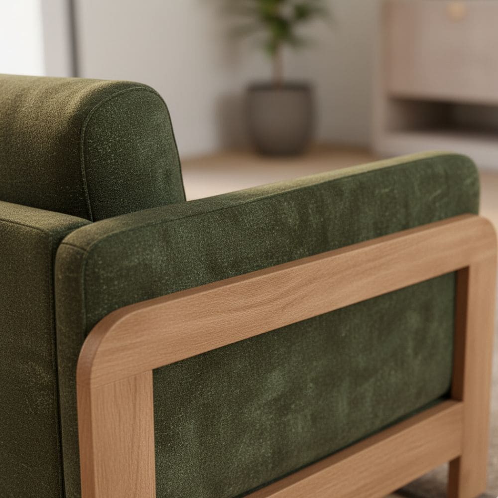 Accoudoir original et en bois du canapé Lahang de La Redoute