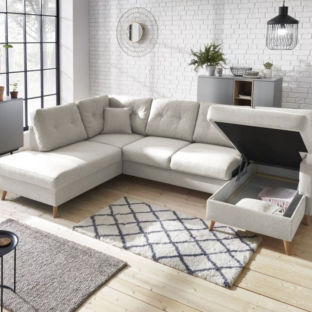 canapé en U Sweden Bobochic avec coffre de rangement dans salon avec verrière