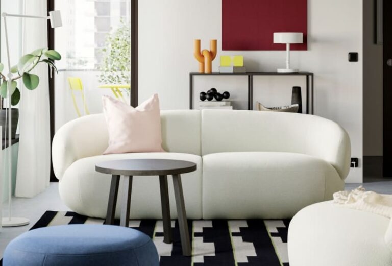 Canapé arrondi Lillesater Ikea en tissu bouclette Axvall en 3 places dans salon cosy - Touslescanapes