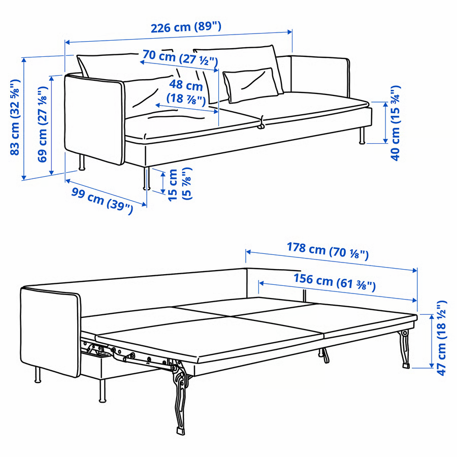 dimensions du canapé convertible Söderhamn 3 places et couchage 195 × 156 cm