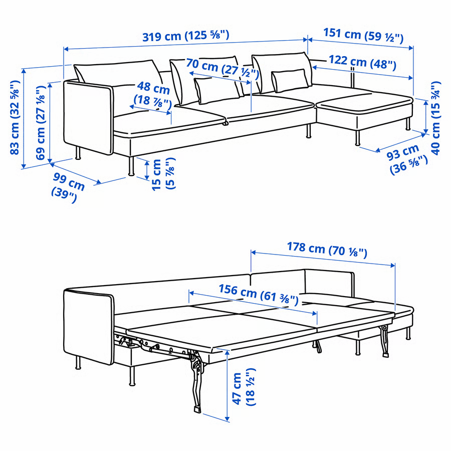 dimensions du canapé convertible Söderhamn 4 places méridienne avec accoudoir