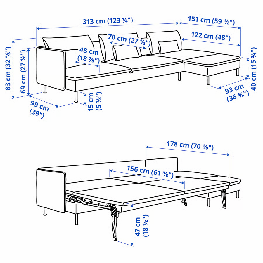 dimensions du canapé convertible Söderhamn 4 places méridienne sans accoudoir