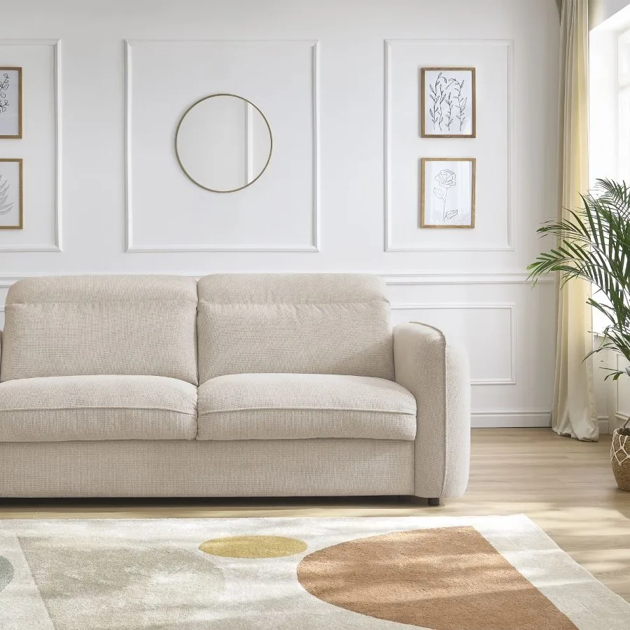 Canapé Achille beige en tissu texturé, deux places vue de face sans coussins.
