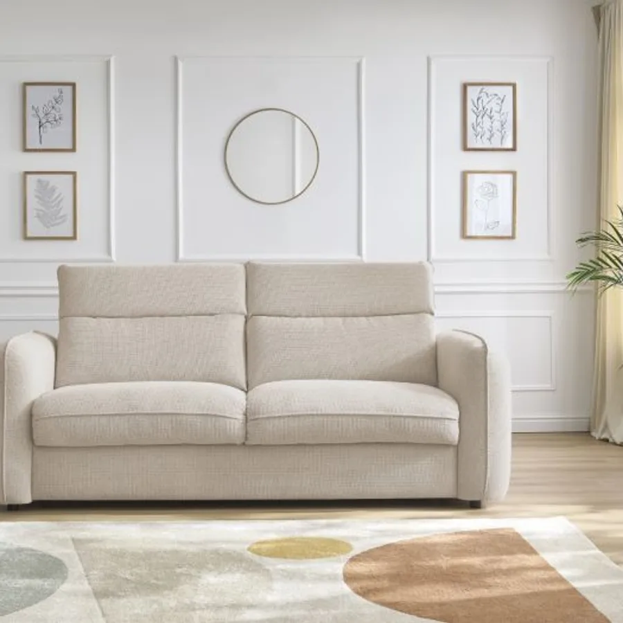 Canapé Achille beige en tissu, deux places assises vue de face légèrement surélevée.
