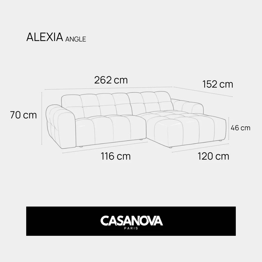 Schéma du canapé Alexia angle avec ses dimensions en centimètres et marque.