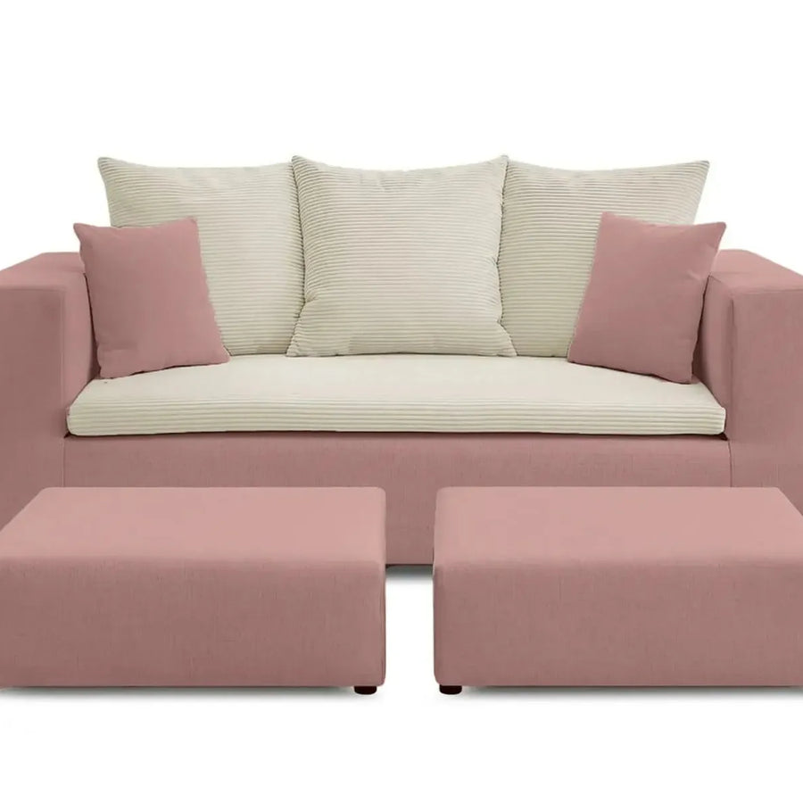 Canapé Ambre rose de face avec deux repose-pieds roses formant un ensemble complet