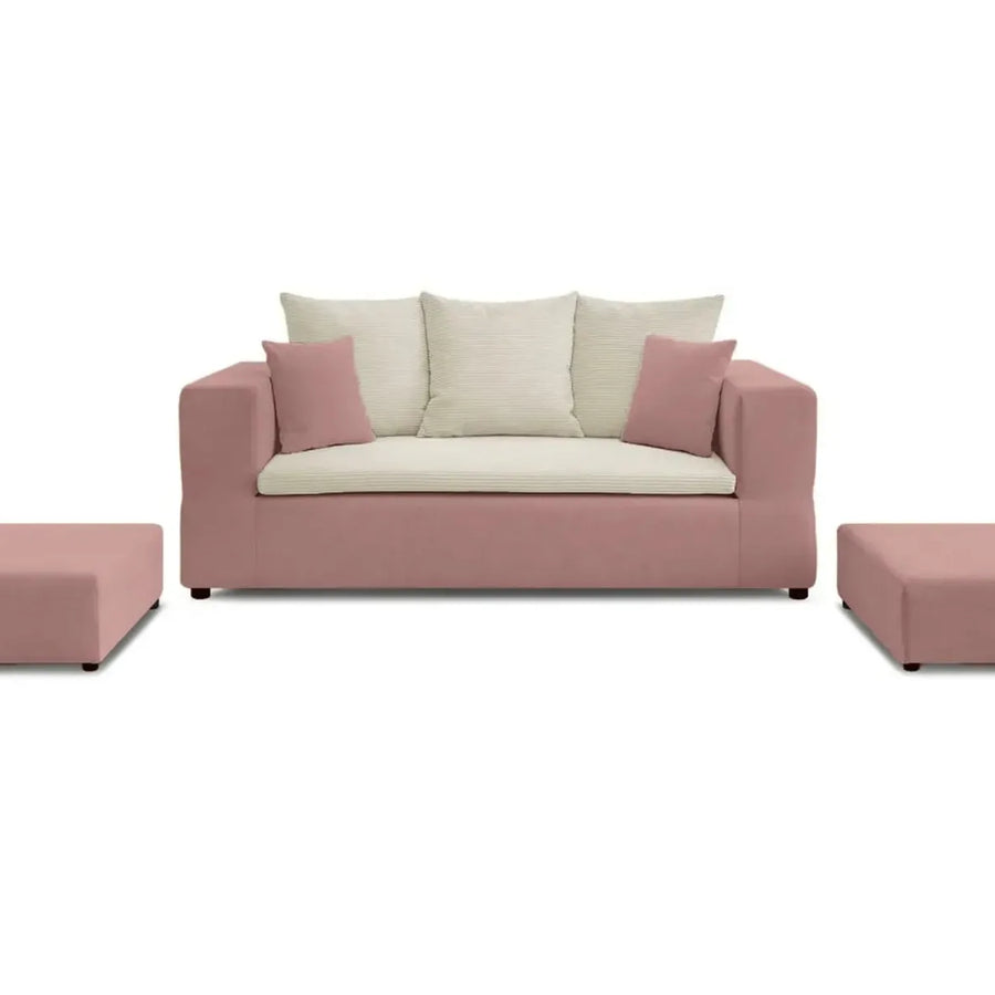 Canapé Ambre rose avec deux repose-pieds séparés posés latéralement, vue d'ensemble