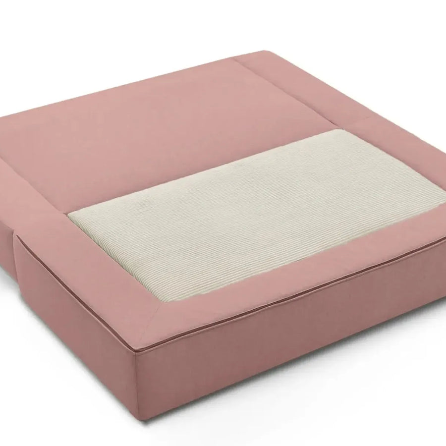Canapé Ambre rose ouvert montrant le système de rangement avec matelas blanc visible