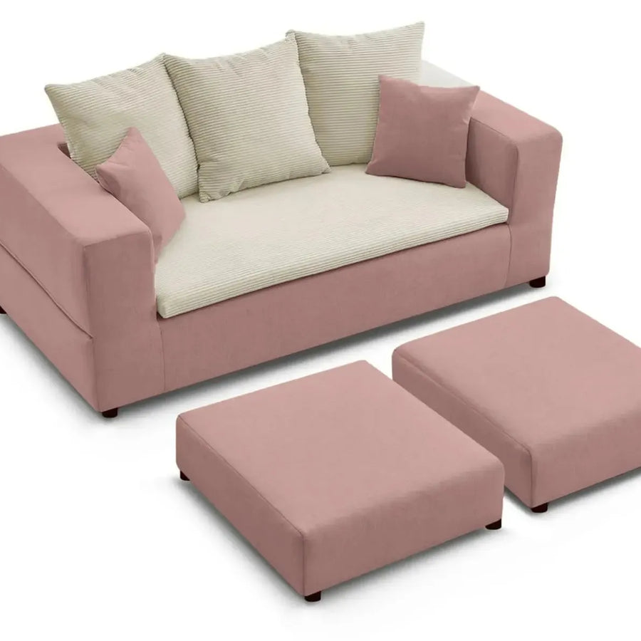 Canapé Ambre rose avec deux repose-pieds assortis, vue légèrement surélevée