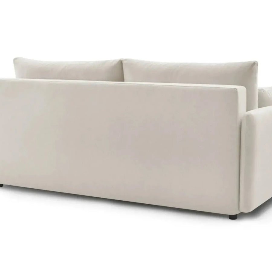 Vue arrière du canapé Axelle beige en tissu convertible.