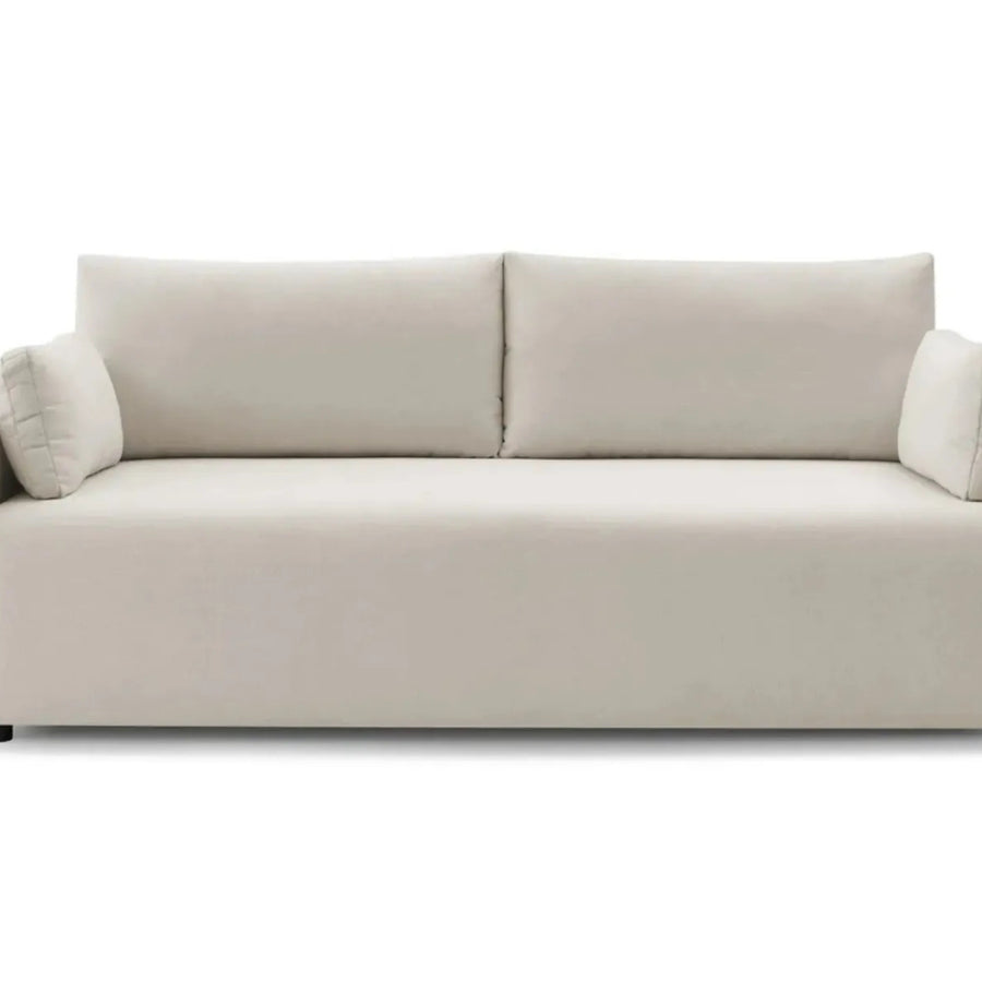 Canapé Axelle beige en tissu vu de face, convertible deux places.