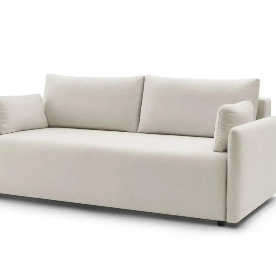Canapé Axelle beige en tissu vu de trois quarts montrant profondeur.