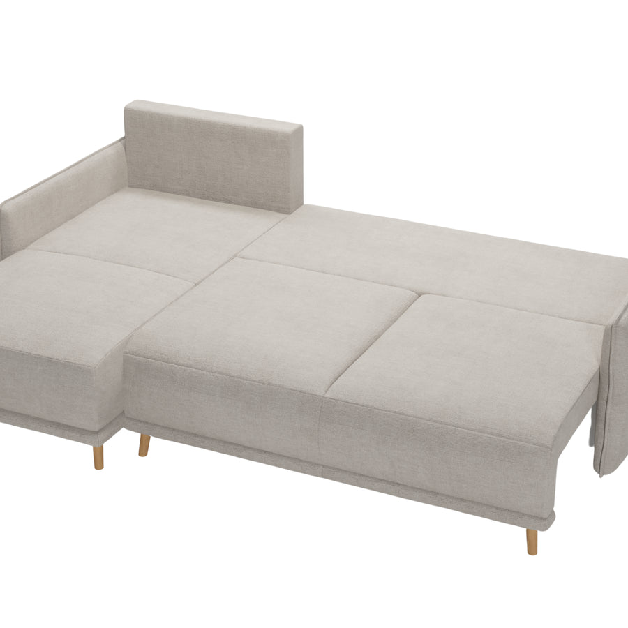 Canapé Bandol ouvert en position lit montrant le couchage déplie et le mécanisme d'ouverture.