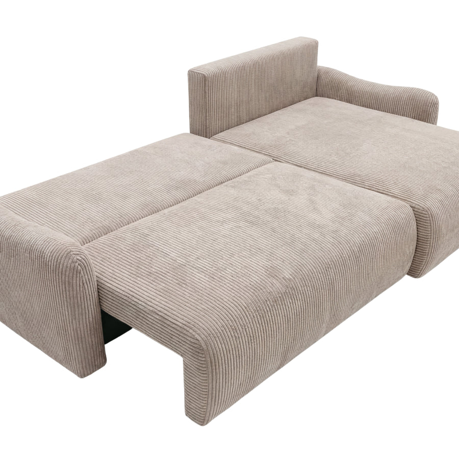 Canapé Boria convertible beige côtelé en position ouverte avec matelas visible.