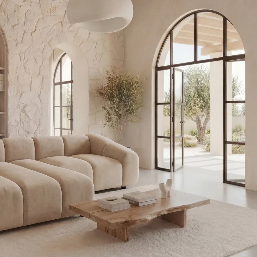 Canapé Candice modulable en beige disposé en angle dans un salon minimaliste