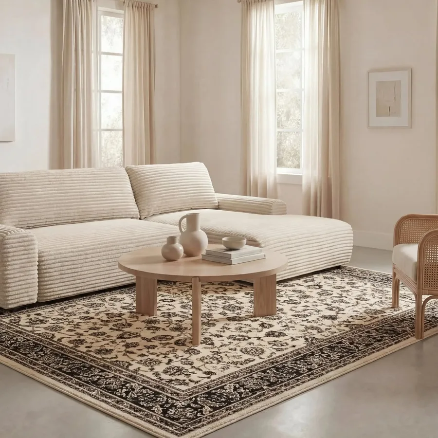 Canapé Carolina en tissu beige côtelé dans un salon élégant avec tapis damassé oriental