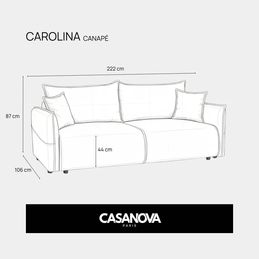 Schéma technique du canapé Carolina avec dimensions largeur profondeur et hauteur indiquées