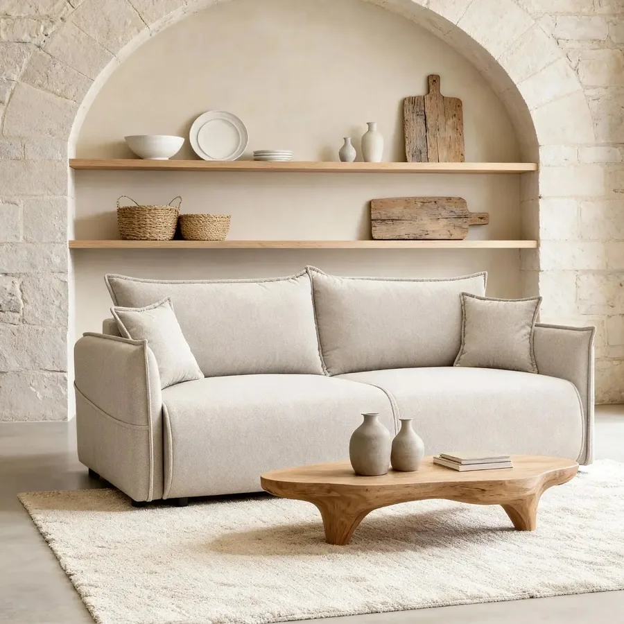 Canapé Carolina en tissu beige clair, vue frontale dans un salon lumineux minimaliste