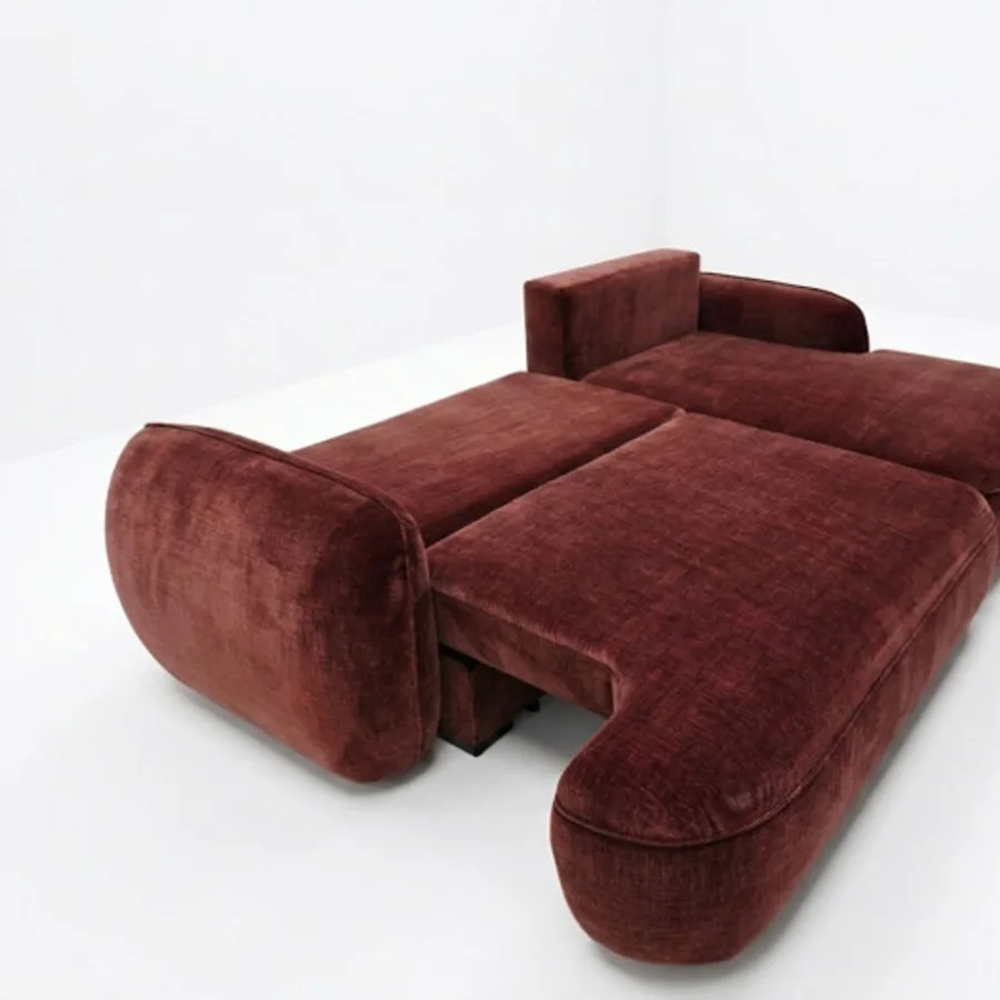 Canapé Céleste convertible ouvert en lit, mécanisme de conversion visible, velours