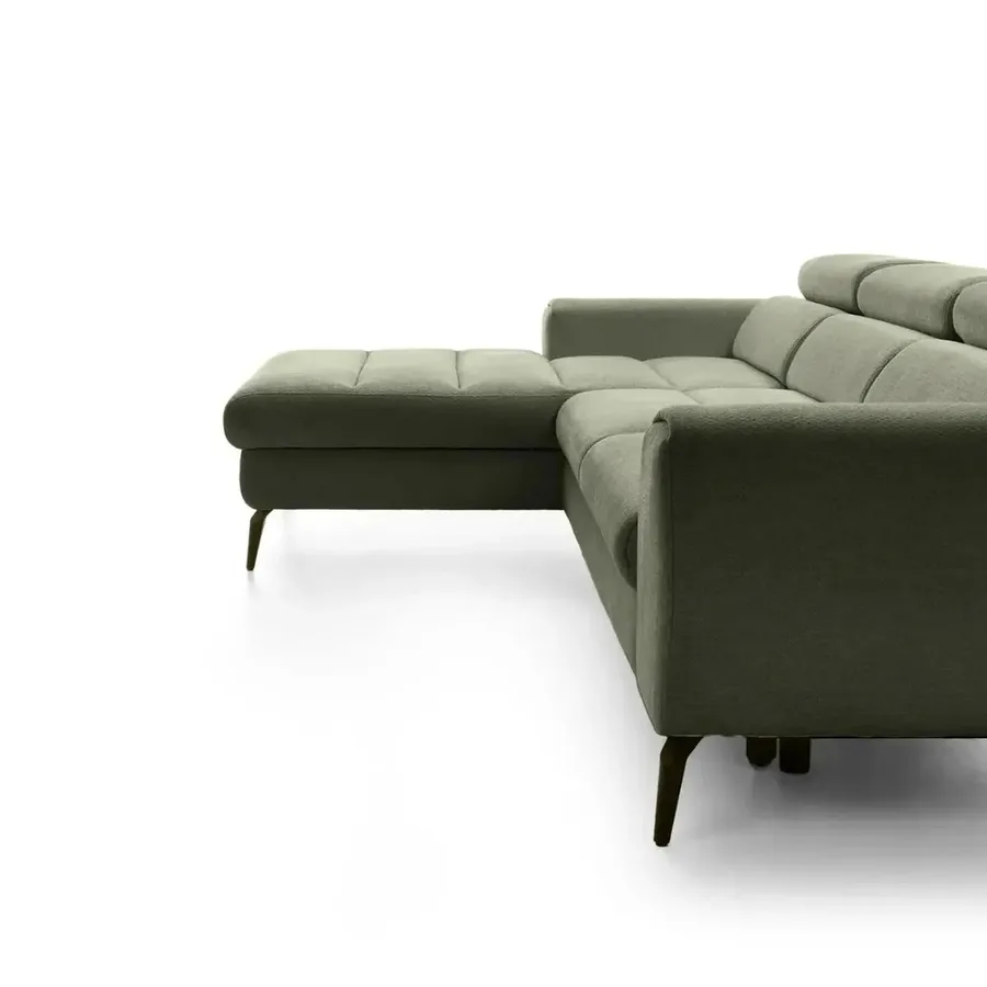 Canapé Clovis vert d'angle en perspective montrant la forme et les volumes