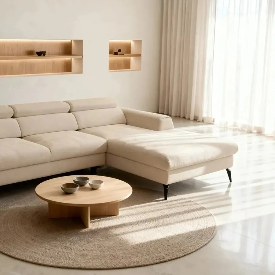 Canapé Clovis beige clair d'angle dans un salon lumineux avec méridienne à droite