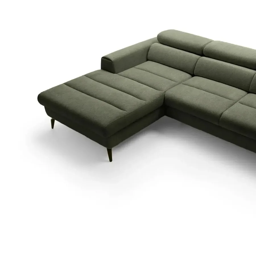 Canapé Clovis vert en vue isométrique montrant la configuration d'angle