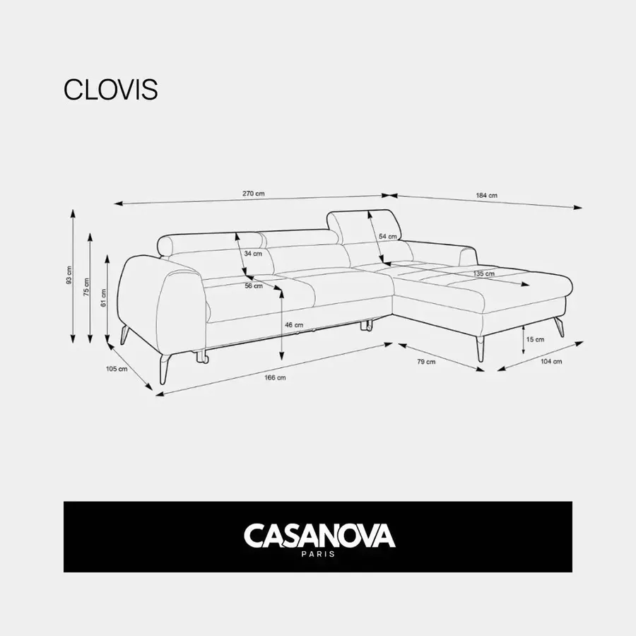 Schéma coté du canapé Clovis d'angle avec toutes les dimensions en centimètres