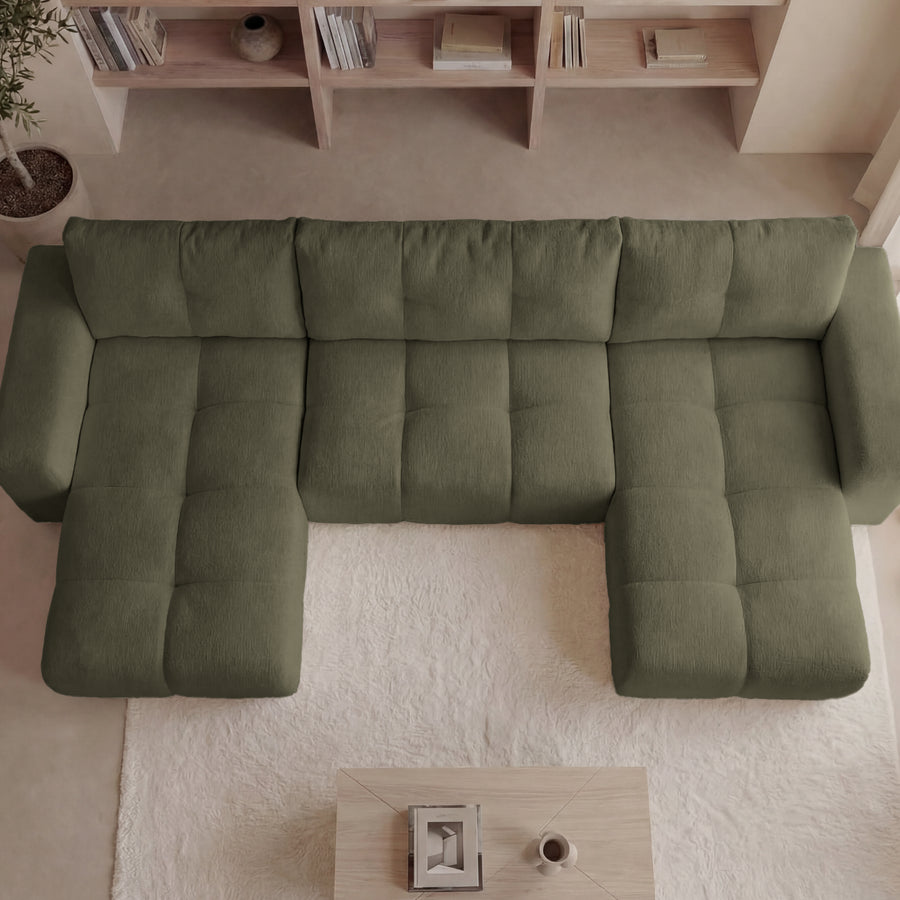 Canapé Constance en tissu vert olive en U avec deux méridienne, vue de dessus en lumière naturelle.