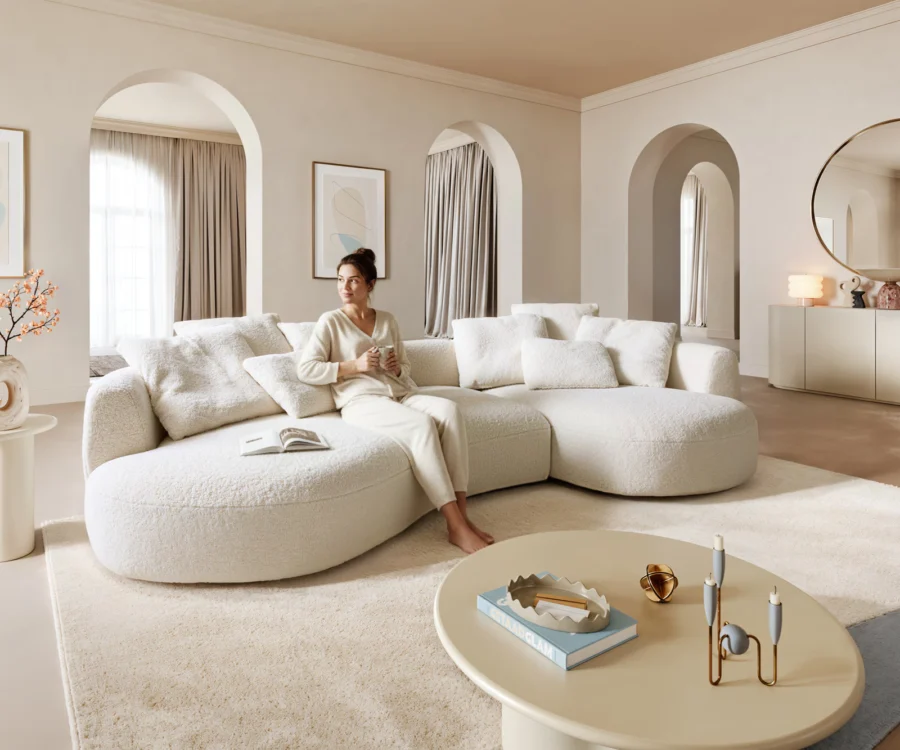 Canapé d'angle Edina en tissu bouclette blanc cassé, femme assise dans un salon crème.