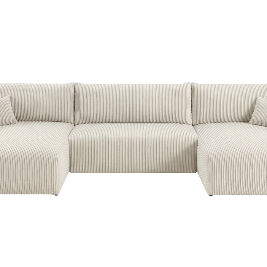 Canapé Elio panoramique en tissu beige, vue frontale détourée sur fond blanc