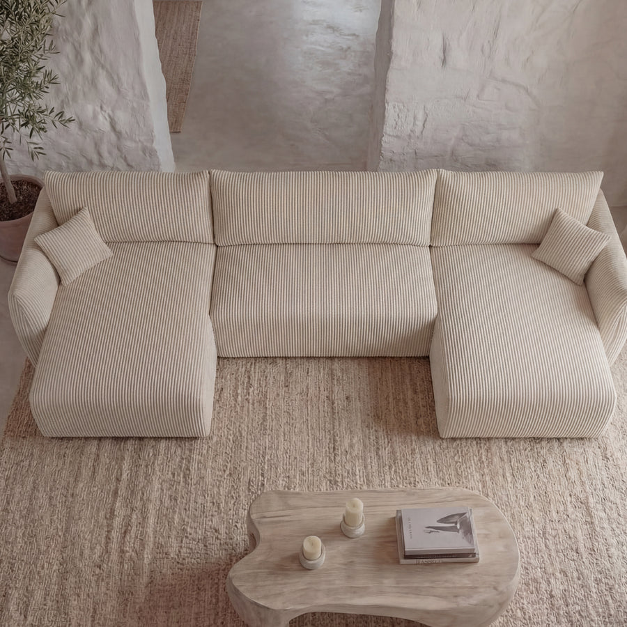 Canapé Elio panoramique angle beige vue de dessus, méridienne gauche et droite