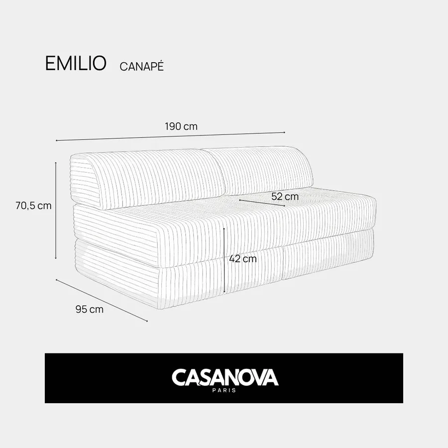 Schéma technique du canapé Emilio avec dimensions largeur 190 cm profondeur 95 cm hauteur 70,5 cm