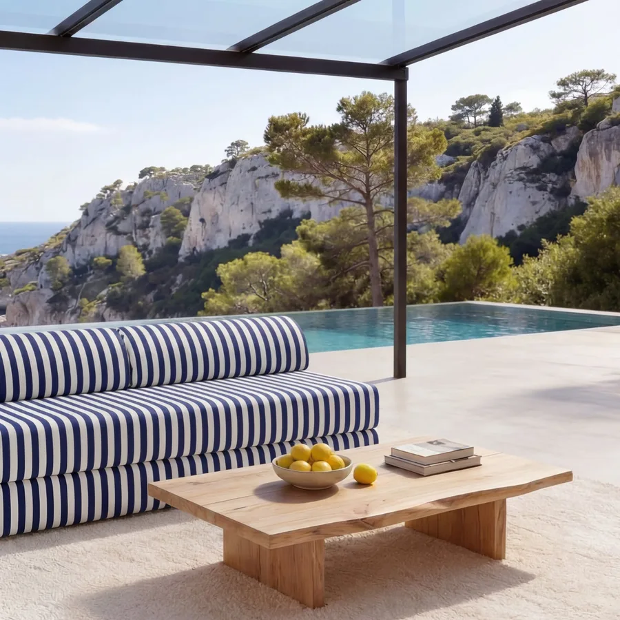 Canapé Emilio rayé blanc et bleu foncé vu de face sur terrasse avec piscine et paysage