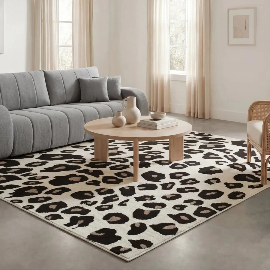 Canapé gris clair en tissu côtelé dans salon blanc avec table basse bois et tapis léopard