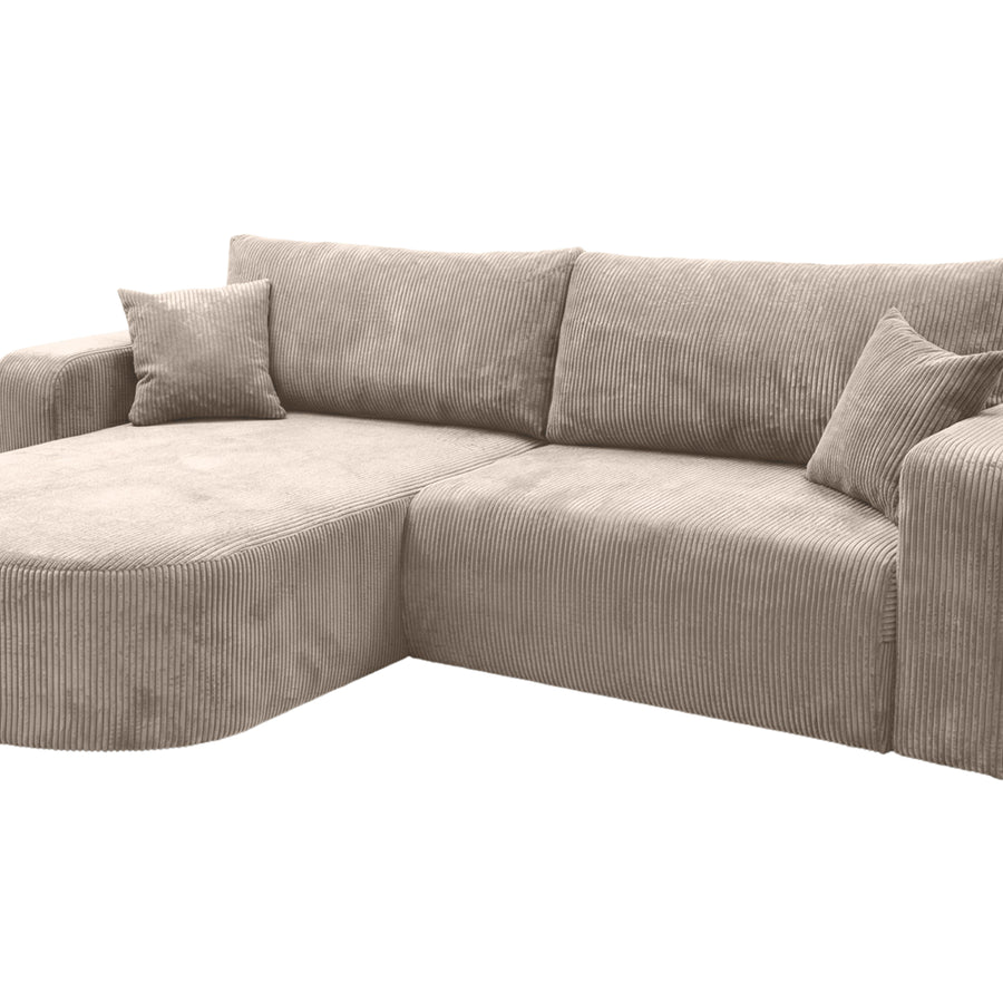 Canapé Emma d'angle beige en tissu côtelé, profondeur et hauteur visibles, trois quarts