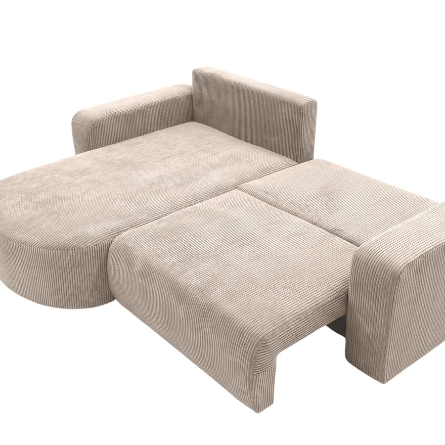 Canapé Emma convertible déplie en lit, matelas visible avec méridienne ouverte