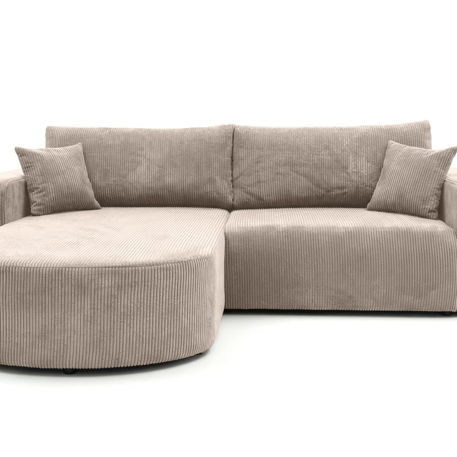 Canapé Emma d'angle beige en tissu côtelé, méridienne arrondie, vue frontale isolée