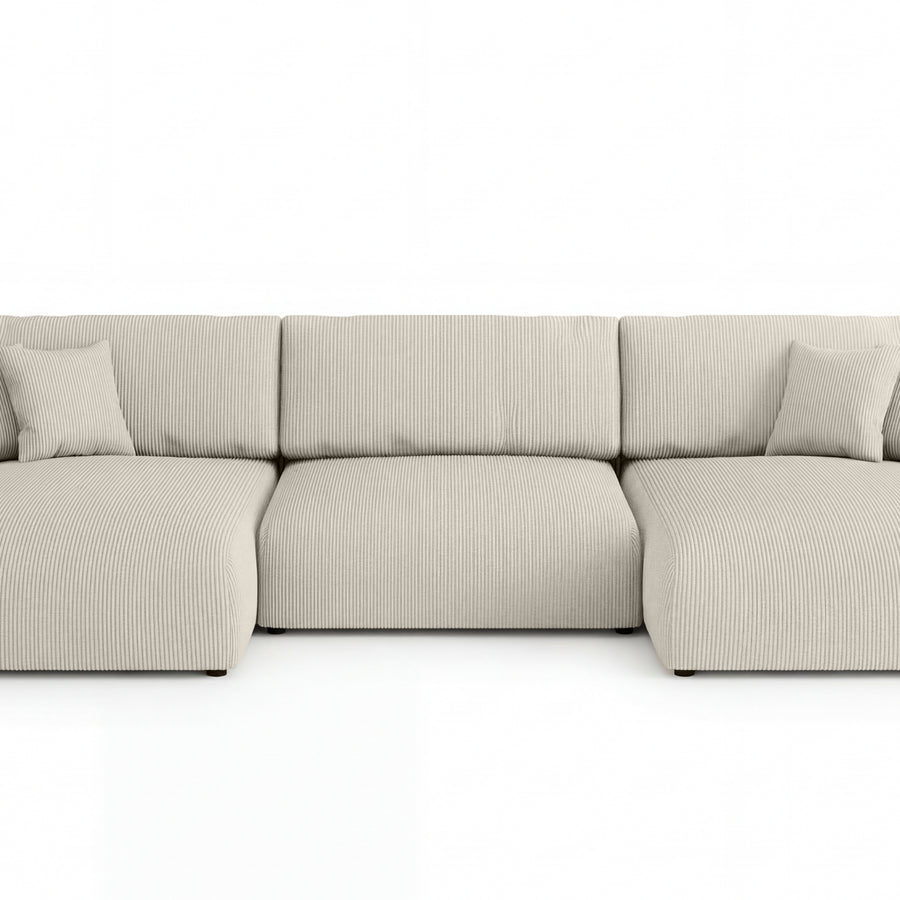 Canapé Ena gris clair vue frontale complète, configuration U symétrique avec coussins