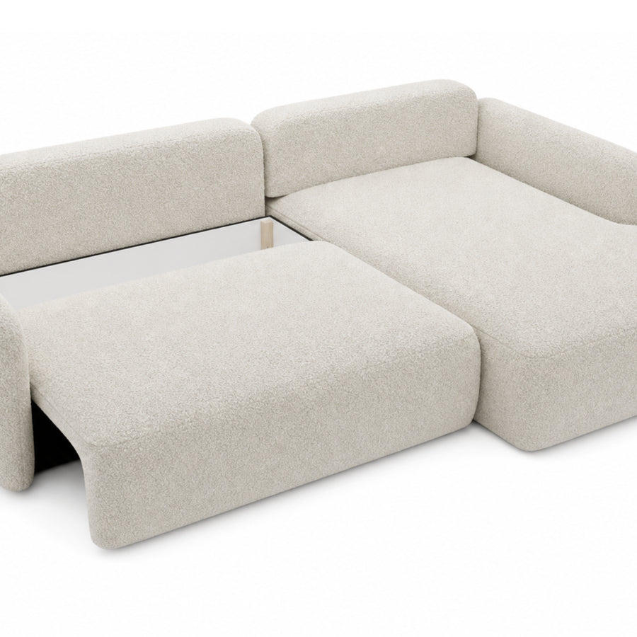 Canapé Gigi convertible beige lit ouvert, structure modulable et couchage visible