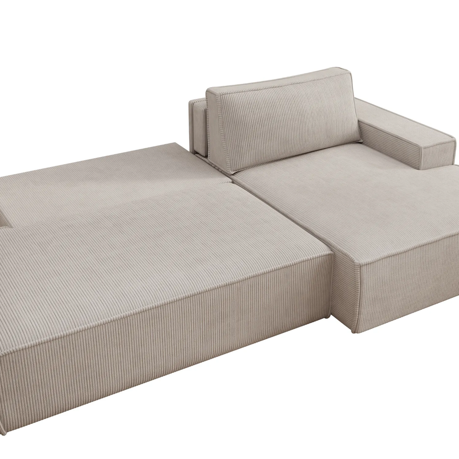 Canapé Jade d'angle en tissu beige, vue de trois quarts soulignant la structure modulaire