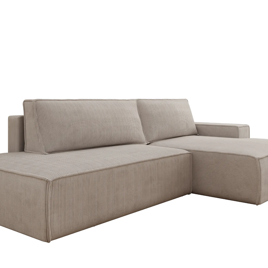 Canapé Jade d'angle en tissu beige, vue de face montrant les accoudoirs et coussins