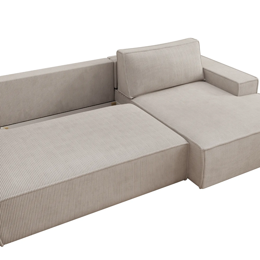 Canapé Jade d'angle en tissu beige, vue de profil montrant la profondeur et configuration