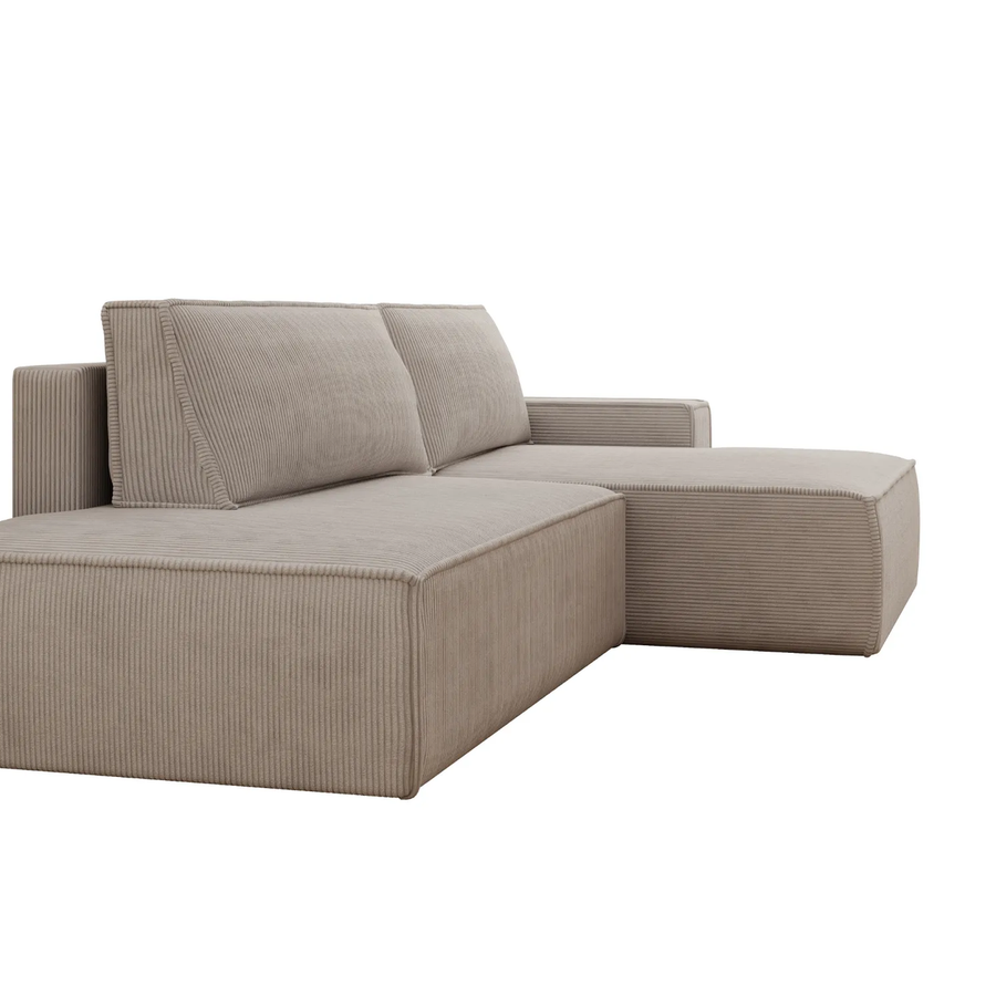 Canapé Jade d'angle en tissu beige, vue de côté montrant les proportions et épaisseur