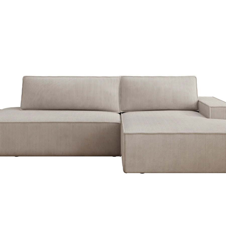 Canapé Jade d'angle en tissu beige, vue frontale montrant l'ensemble de la configuration