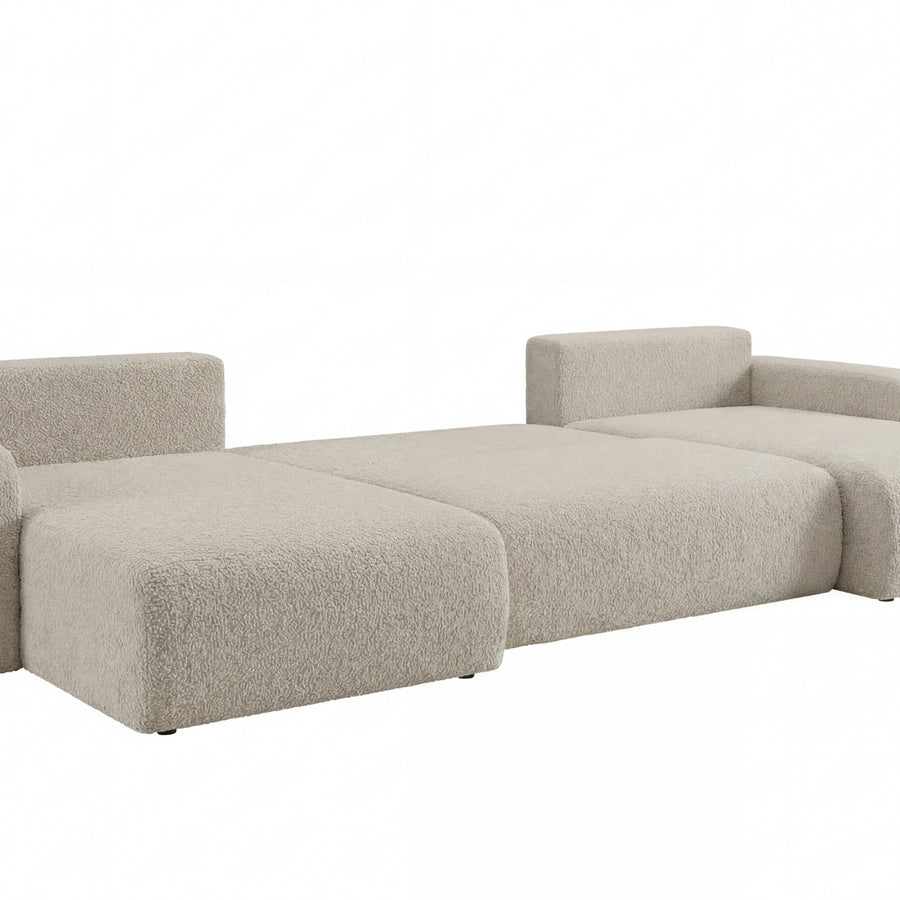 Canapé Jella angle lin beige vu de profil, profondeur et hauteur visibles.