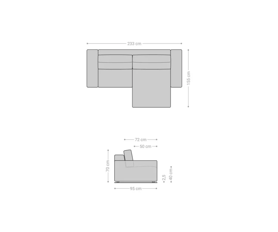 Schéma coté du canapé d'angle, largeur 233 cm, hauteur 155 cm, profondeur 95 cm.